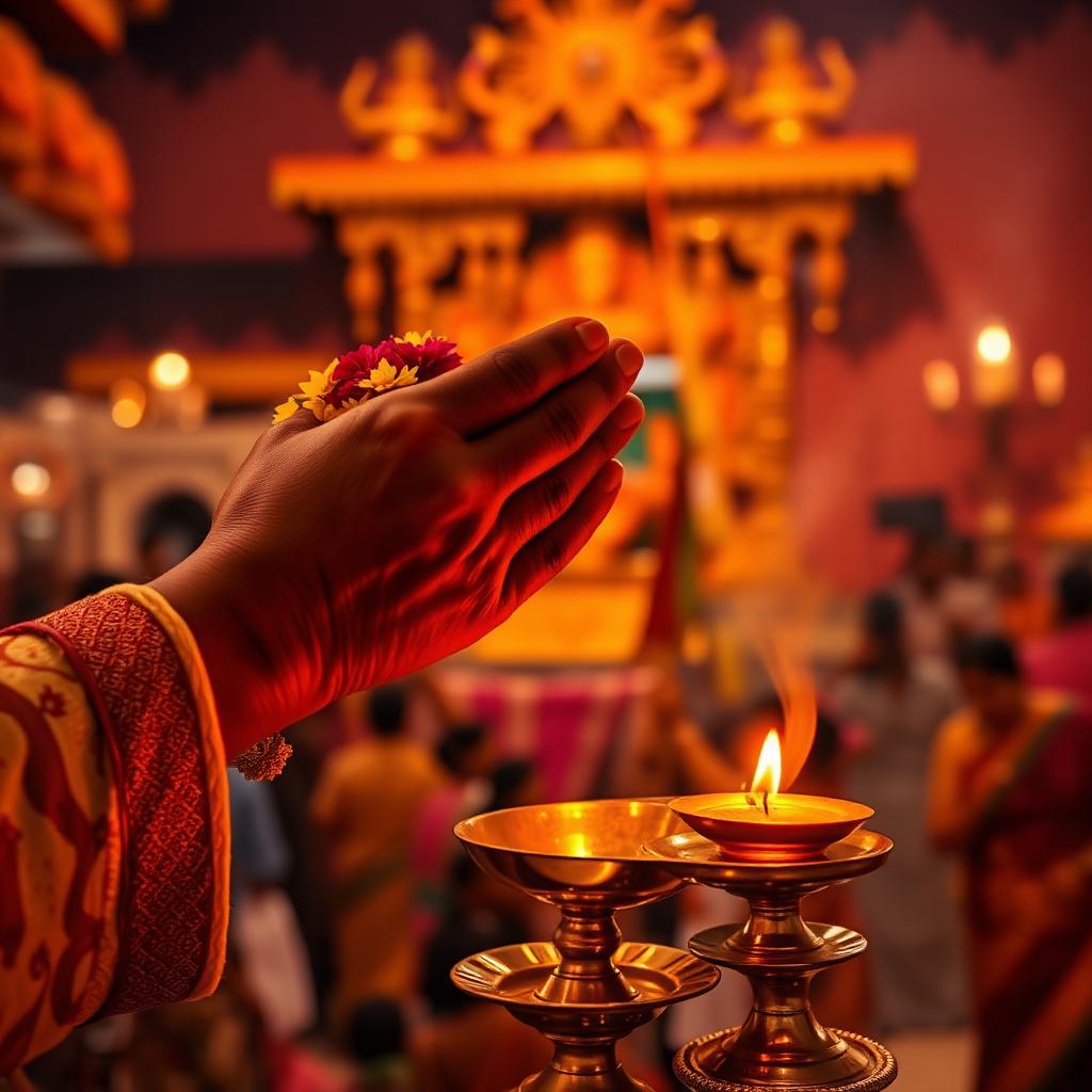 Devotee offering flowers at the sanctum
