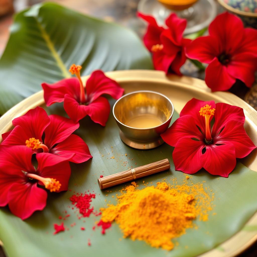Hibiscus, turmeric and sandalwood offerings