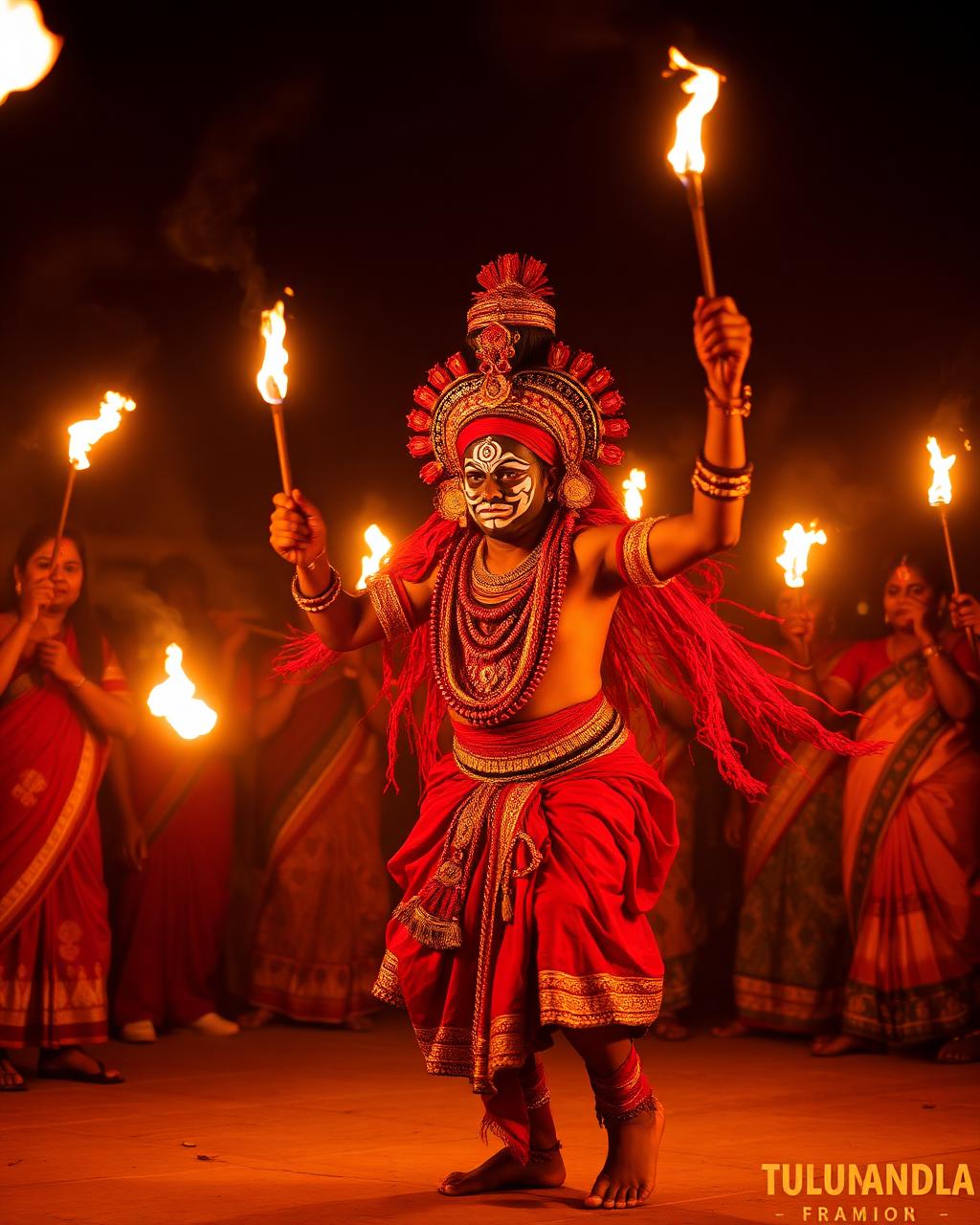 Bhoota Kola ritual dancer with fire torches