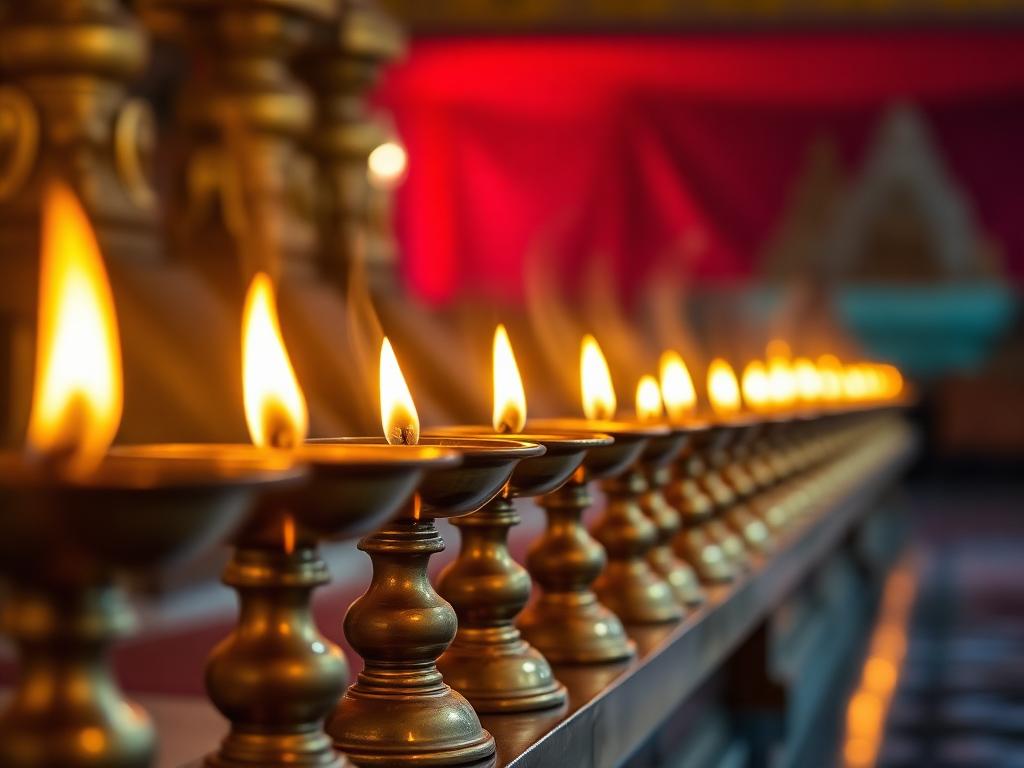 Row of brass oil lamps glowing in the temple